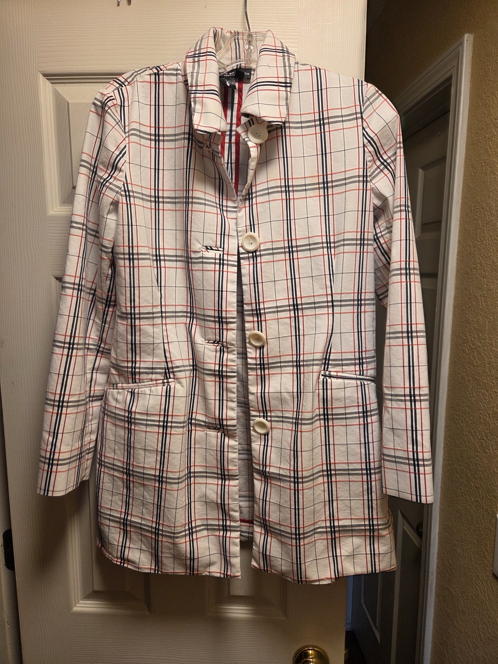 Peace of Cloth White Plaid Trench Coat with Red & Navy Stripes